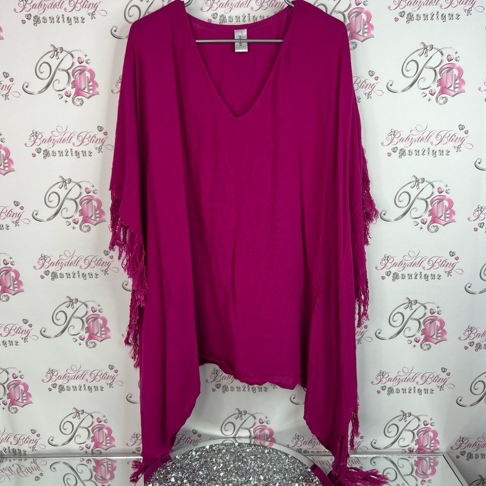 Accessory Street coverup dress tassle sides beach rayon Pink Poncho with Fringe